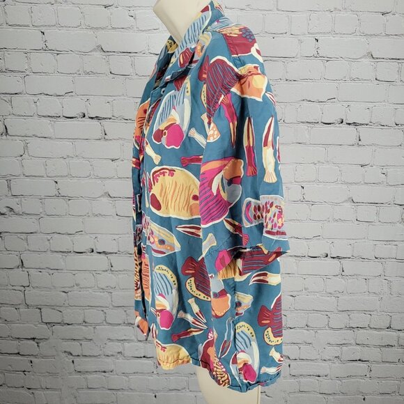 Patagonia Blue Tidal Threads Button Up Short Sleeve Collared Shirt Top Large L - Picture 11 of 12